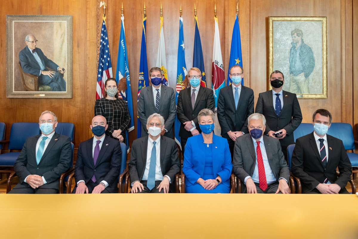 Attorney General Garland and Secretary of Homeland Security Mayorkas are joined by EU Commissioners, Presidency of the EU Council and others at U.S.-EU Justice and Home Affairs Ministerial.