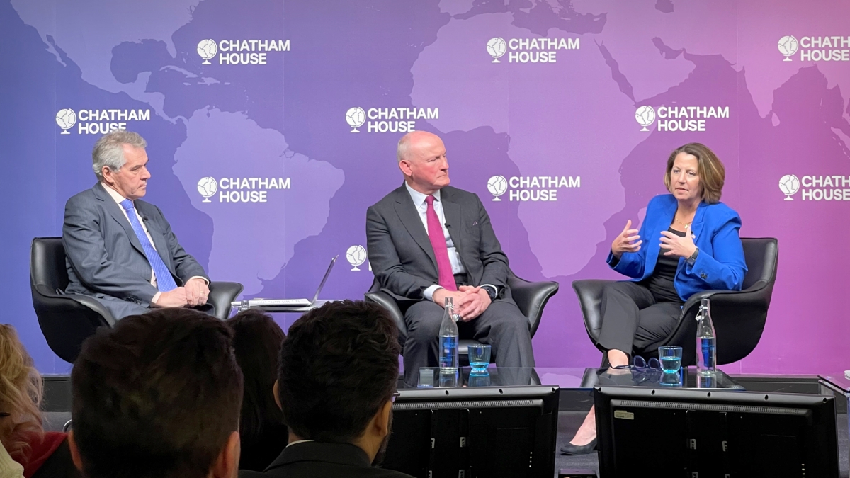 Deputy Attorney General Lisa Monaco (right) with Former British Ambassador Sir Peter Westmacott (left) and Former British Deputy National Security Advisor Paddy McGuinness (center)