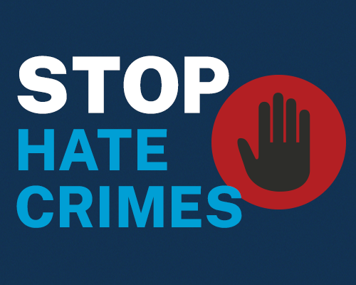 Stop Hate Crimes text with icon of hand in red circle 