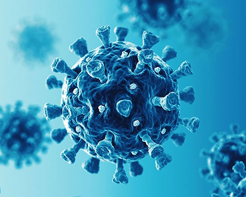 A blue graphical representation of the COVID-19 virus.