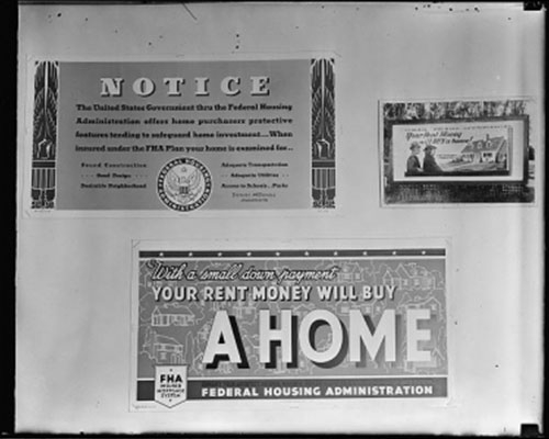 Black and white images of FHA housing notices from the past.