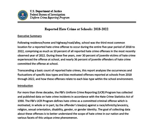 An image of the FBI's report titled "Reported Hate Crimes at Schools 2018-2022"