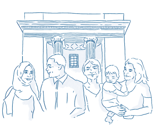 Illustration of a diverse group of people in front of a building