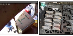 Photo 1: Box removed from shipping container; Photo2: 4 guns, 10 boxes of ammunition