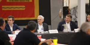 Attorney General Garland (center left), Senator Rounds (center right), U.S. Attorney Ramsdell (right), and Chief of Staff to the Attorney General Matthew Klapper (left) at the roundtable with the Tribal leaders.