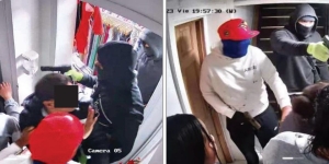 Two still captures of surveillance footage showing masked man in hoodie pointing gun at group of victims. 