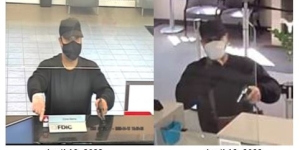 Two images each showing defendant wearing black baseball hat, black surgical mask, and black t-shirt, pointing firearm at bank teller station. 