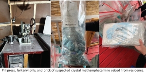 Pill press, fentanyl pills and brick of suspected crystal methamphetamine seized from residence