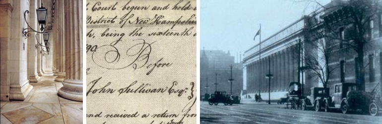 Steps in front of the 10th Circuit Court, portion of an old letter from Judge Sulivan, N.H and old photograph of teh Byron White U.S. Courthouse, U.S. Court of Appeals for the 10th Circuit. Courtesy of U.S. Courts.