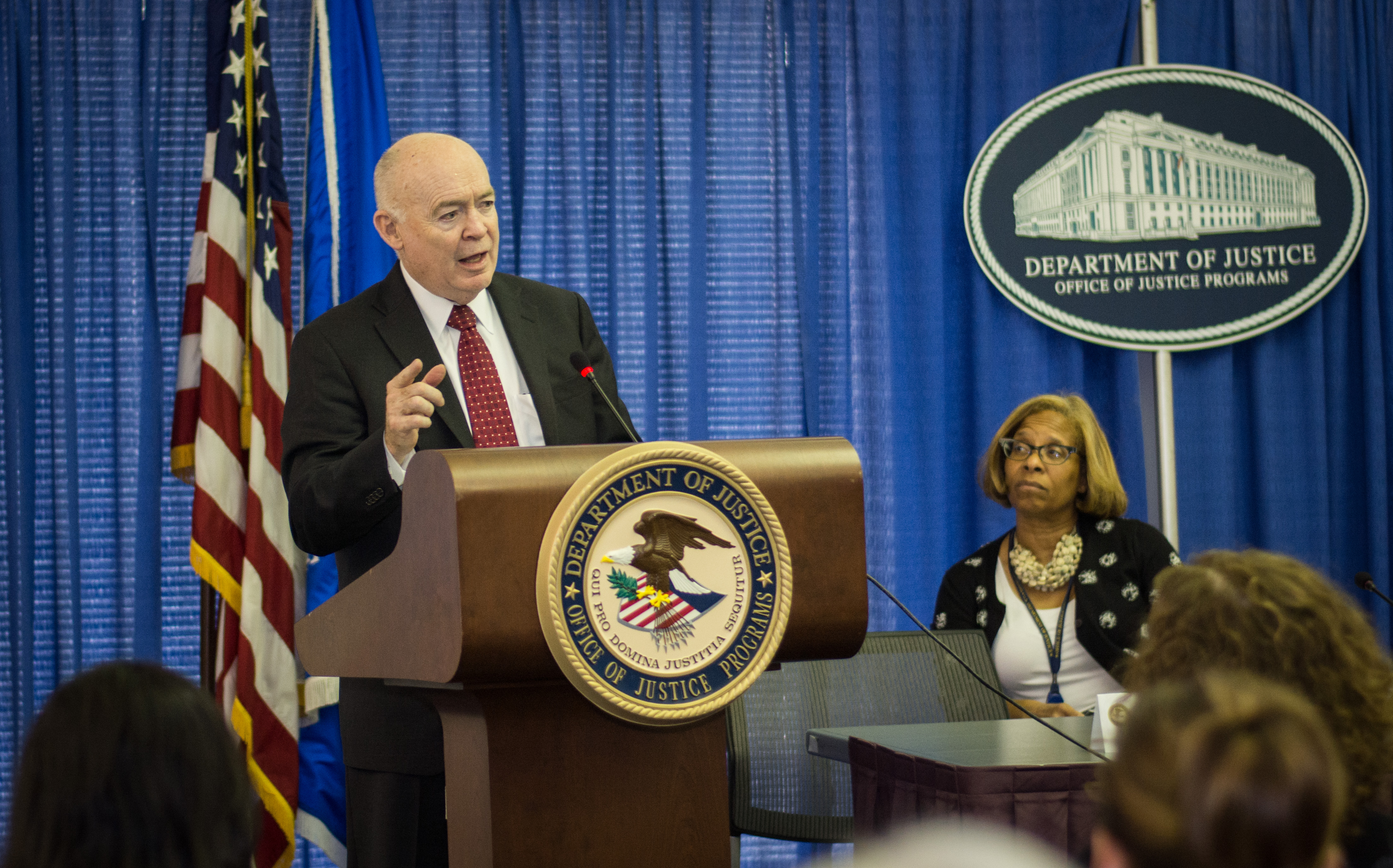 Assistant Attorney General John C. Cruden for the Environment and Natural Resources Division and Assistant Attorney General Karol Mason for the Office of Justice Programs participating in a roundtable. Assistant Attorney General John C. Cruden for the Environment and Natural Resources Division and Assistant Attorney General Karol Mason for the Office of Justice Programs participating in a roundtable.